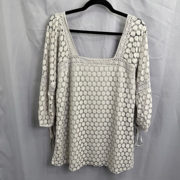 NWT Solitaire Gray Embroidered Boho Top Square Neckline 3/4 Tie Sleeves Size XL - Picture 1 of 12